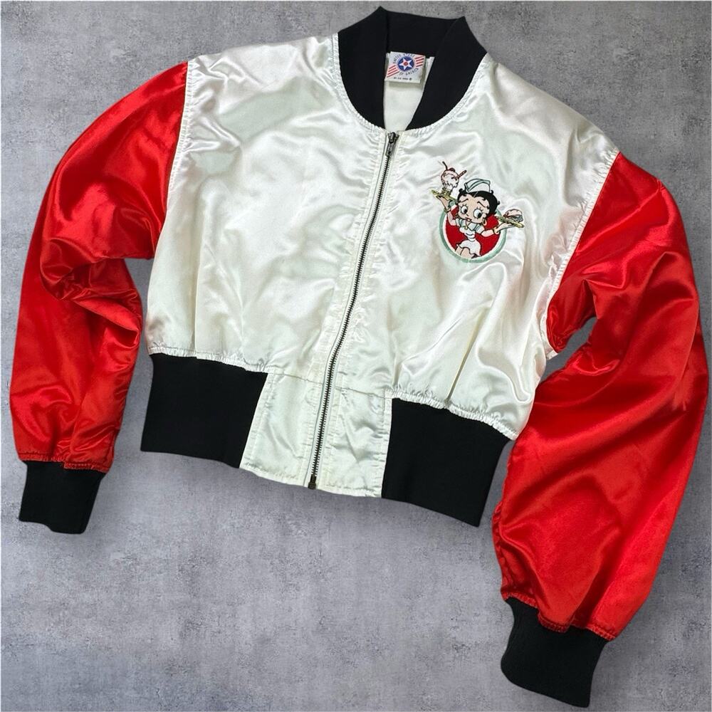Vtg Betty Boop Betty's Diner 90s Y2k Embroidered Varsity Cropped Jacket Size M